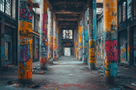 abandoned urban building exterior covered in vibrant chaotic graffiti art decaying architecture juxtaposed with street creativity urban exploration theme