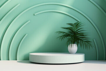 Obraz premium Palm plant in a white pot placed on a round platform against a green abstract background with curved lines. Concept of modern interior decor.