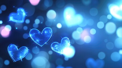Soft bokeh effect with glowing neon blue hearts forming a dreamy banner design, ideal for romantic or love-themed projects with text space.