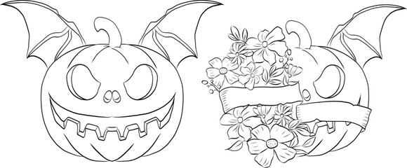 Jack o lantern pumpkin with bat wings and flowers. Art Illustration