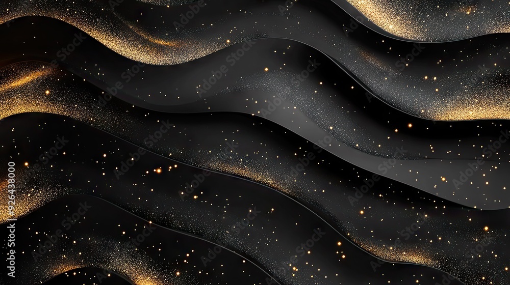 Poster sophisticated 3d black background featuring wavy gold lines and subtle sparkles, perfect for a high-