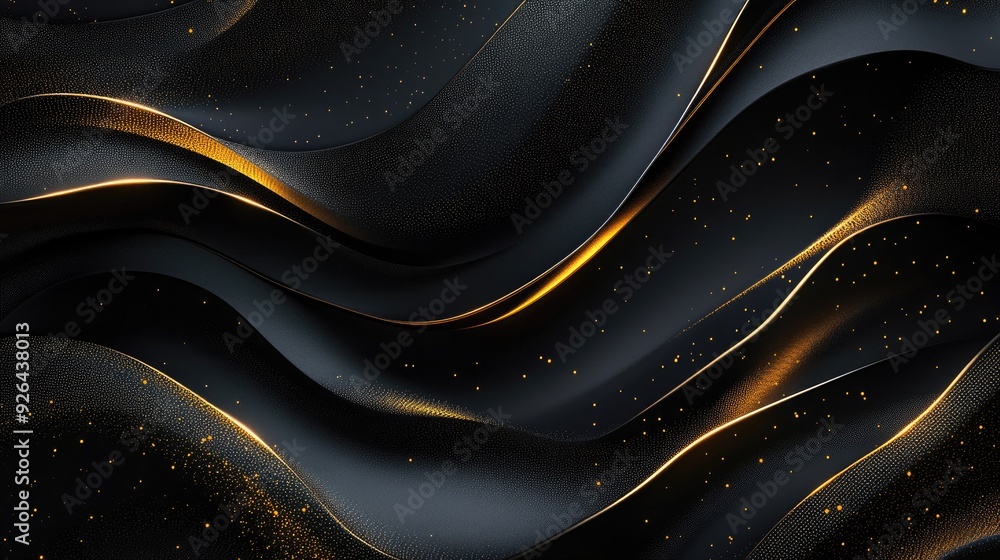 Aufkleber sophisticated 3d black background featuring wavy gold lines and subtle sparkles, perfect for a high-