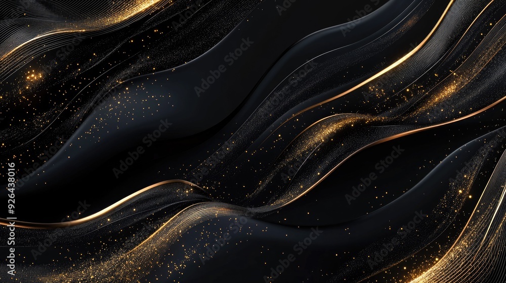 Aufkleber sophisticated 3d black background featuring wavy gold lines and subtle sparkles, perfect for a high-
