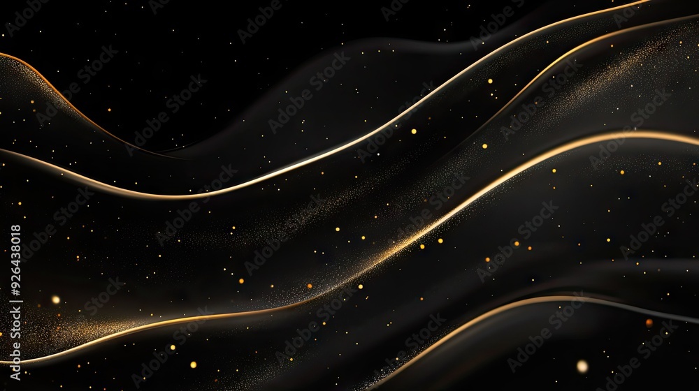 Poster sophisticated 3d black background featuring wavy gold lines and subtle sparkles, perfect for a high-