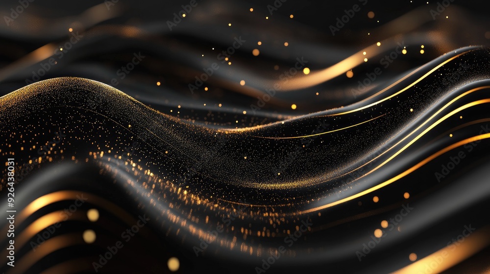 Poster sophisticated 3d black background featuring wavy gold lines and subtle sparkles, perfect for a high-