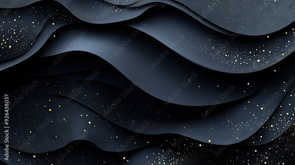 Poster sophisticated 3d geometric background with black paper layers and sparkling golden dots, ideal for c