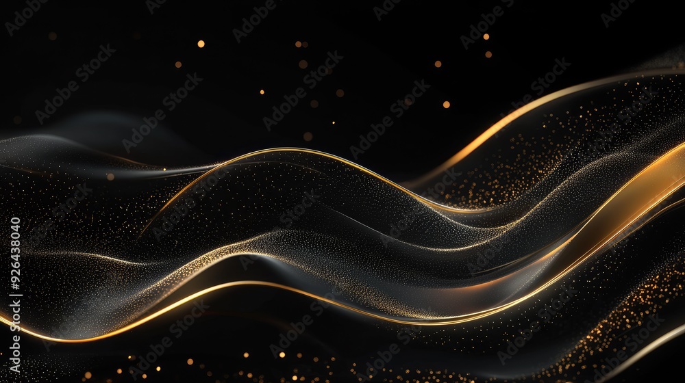 Poster sophisticated 3d black background featuring wavy gold lines and subtle sparkles, perfect for a high-