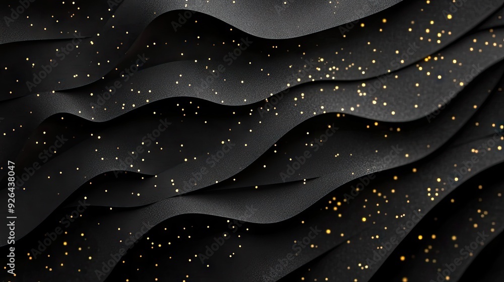 Aufkleber sophisticated 3d geometric background with black paper layers and sparkling golden dots, ideal for c