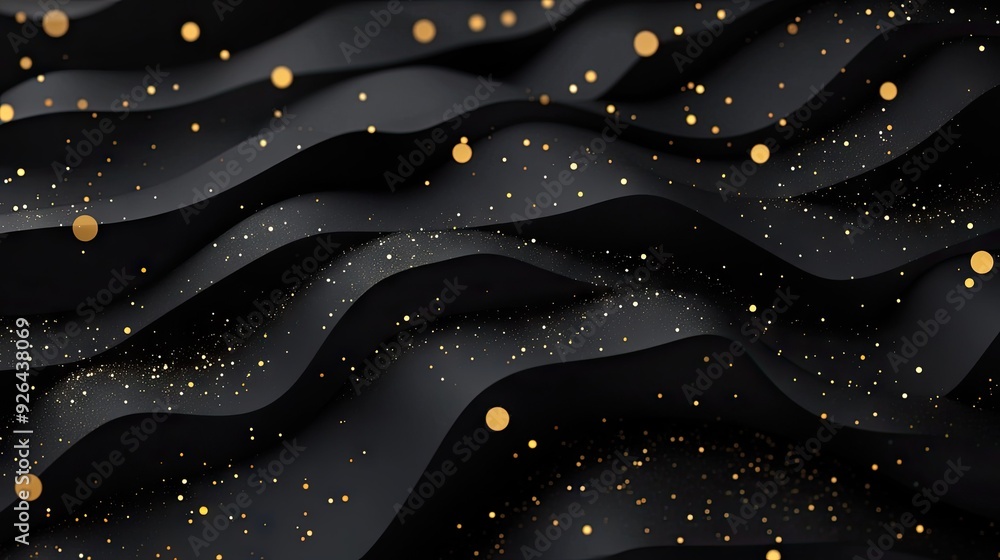 Poster sophisticated 3d geometric background with black paper layers and sparkling golden dots, ideal for c