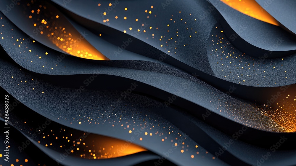 Poster sophisticated abstract 3d design featuring carbon-textured black paper layers with sparkling golden 