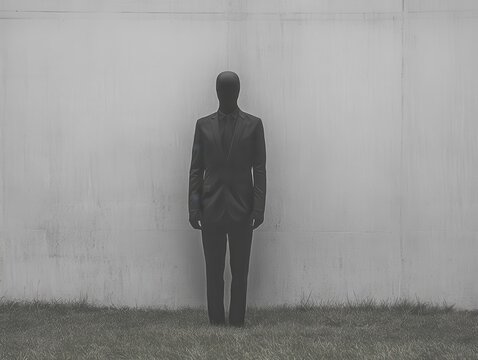 Faceless figure in black suit against white wall
