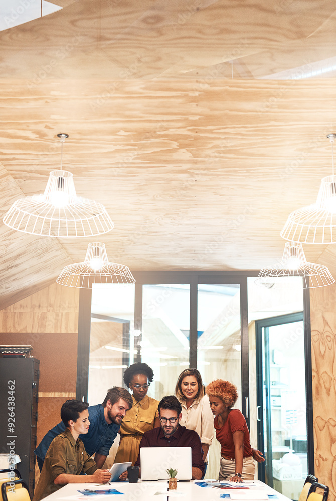 Poster business, mentor and group with teaching on laptop for induction training, onboarding and company or