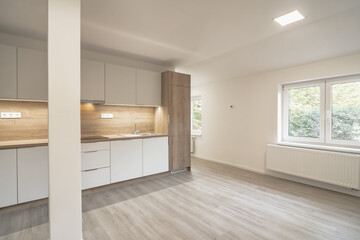 Modern, clean kitchen space in an apartment, featuring wooden cabinets, sleek countertops, and ample natural light from large windows, creating an open and airy atmosphere.