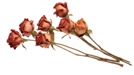 Dried roses isolated on white background - flowers and plants. Telephoto lens photography Realistic daylight