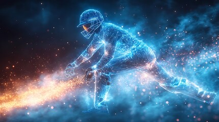 Digital blue low poly cricket player with glowing data streams AI in sports analytics, player performance tracking systems, match prediction algorithms, and training programs. wireframe player design