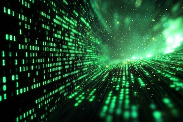 Naklejka premium Green Dark Binary Code with Data Streaming Background created with Generative AI
