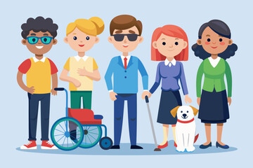 Group of characters with disabilities. People and disability. Blind woman with a guide dog, a guy in a wheelchair, a man and girl with prostheses

