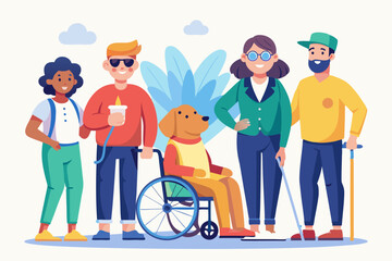 Group of characters with disabilities. People and disability. Blind woman with a guide dog, a guy in a wheelchair, a man and girl with prostheses
