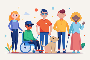 Group of characters with disabilities. People and disability. Blind woman with a guide dog, a guy in a wheelchair, a man and girl with prostheses
