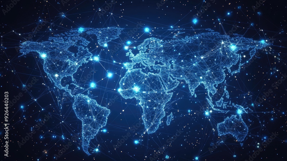 Poster world map with abstract global data connections and telecommunication network lines. vector illustra