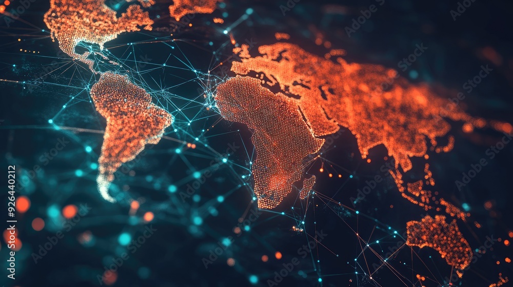 Poster world map with abstract global data connections and telecommunication network lines. vector illustra