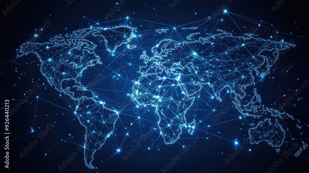Poster world map with abstract global data connections and telecommunication network lines. vector illustra