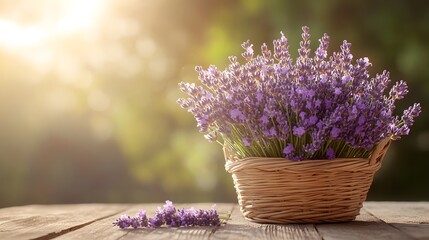 Fototapeta premium Basket of freshly picked lavender, rustic wooden table, soft sunlight, fragrant blooms, country charm, high-resolution floral photography, natural textures, lifestyle composition, simplicity and beaut