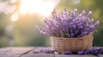 Basket of freshly picked lavender, rustic wooden table, soft sunlight, fragrant blooms, country charm, high-resolution floral photography, natural textures, lifestyle composition, simplicity and beaut