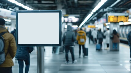 Blank Billboard in a Bustling Subway Station: A large, empty billboard stands prominently in a bustling subway station, offering a blank canvas for impactful advertising.