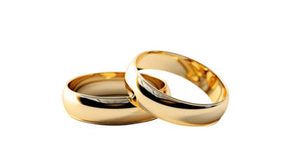Golden couple rings on white background. Telephoto lens photography Realistic daylight