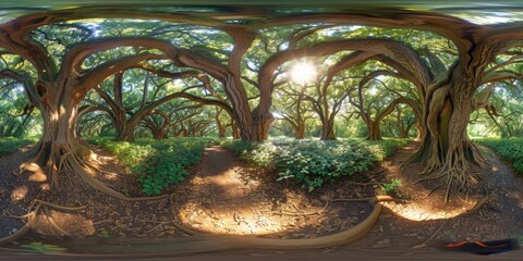 An immersive 360-degree equirectangular panorama of a tranquil forest glade, with ancient trees reaching towards the canopy, dappled