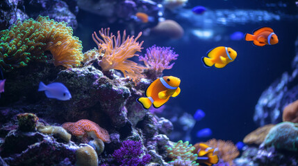 Obraz premium Pictures of the beautiful underwater ecosystem showing a vibrant coral reef with colorful fish swimming around. --ar 16:9 --v 6.1 Job ID: 4e2922ab-dd76-414a-a342-99d16a1e30e6