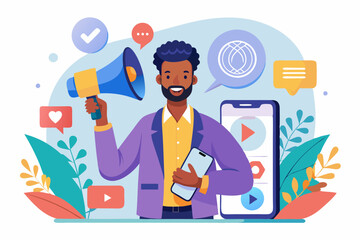 Mobile marketing. Promotion of a product or service on social networks. African American guy speaks into a megaphone.
