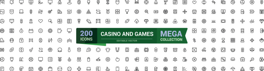 Casino and game line icon set. Mega collection of casino and gambling icon. Outline symbols collection. Editable stroke. Vector illustration.
