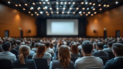 Bright auditorium, corporate conference, audience from behind, rows of attendees, modern lecture hall, well-lit stage, crisp projection screen, white walls, spotlights, business casual attire.
