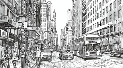 A black and white illustration of a city street.