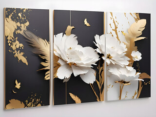 Painting of elegant feathers and white flowers in gold color in 3 frames on black background