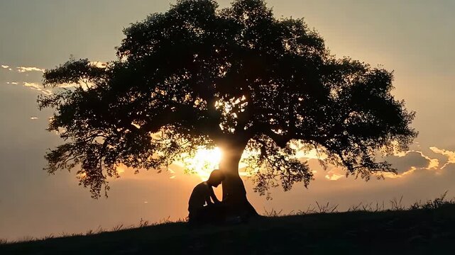 Silhouette of a young man reading a book outdoors under a tree