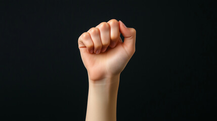 Hand gesture, clenched female fist raised up, fight gesture