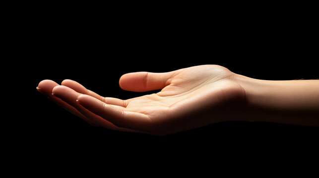 Hand gesture, open palm turned up in an taking position on a black background, asking gesture