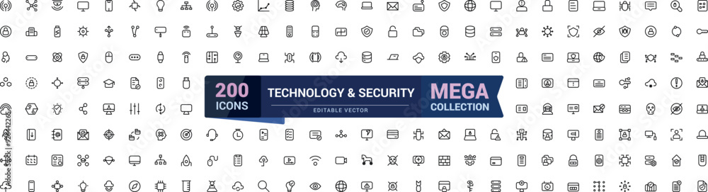 Poster technology and security line icon set. mega collection of cyber security icon. outline symbols colle