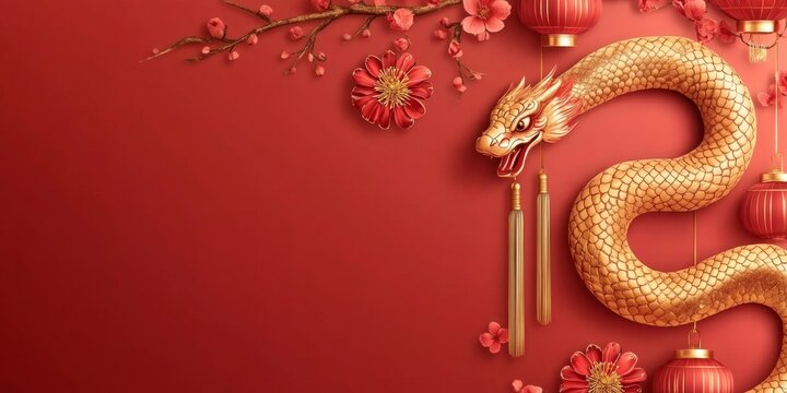 Enchanting 2025 Lunar New Year Celebration: Abstract Creative Snake Zodiac Design with Floral Motifs, Lanterns, and Red-Gold Elements. Artistic UI Background for Festive Marketing, Web Posters, and Dr