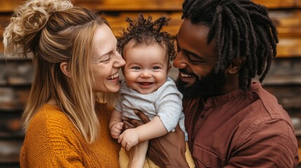 Happy diverse family smiling together in a sunny field, celebrating interracial love and joyful parenthood