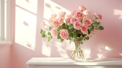 Obraz premium Elegant bouquet of pink roses in clear glass vase, pale pink wall background, white wooden cabinet, soft window light casting shadows, romantic atmosphere, delicate petals, fresh green leaves.