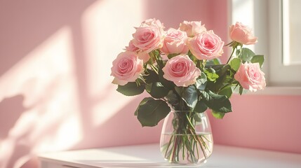 Elegant bouquet of pink roses in clear glass vase, pale pink wall background, white wooden cabinet, soft window light casting shadows, romantic atmosphere, delicate petals, fresh green leaves.