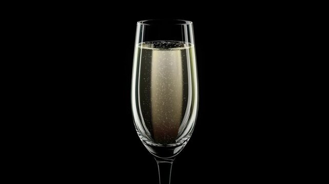 Close-up footage of a glass filled with champagne or prosecco or sparkling white wine, in a seamless loop on a black background
