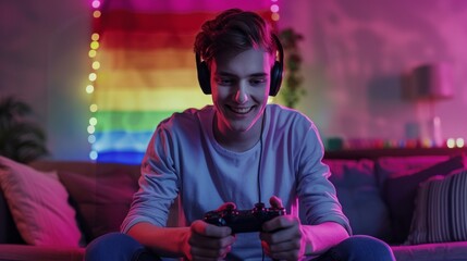 Happy gamer playing video games with a rainbow flag in the background, representing LGBTQ pride and gaming culture.