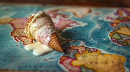 Melting ice cream cone on a world map, symbolizing global warming and climate change.