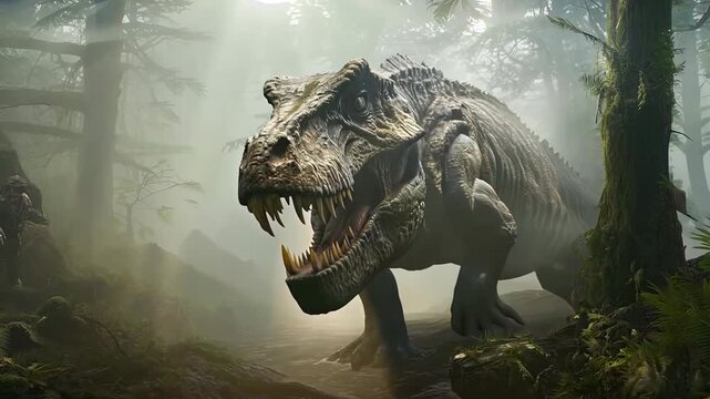 Scary Tyrannosaurus Rex in a misty primeval forest