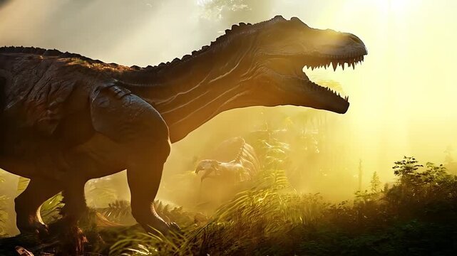 Scary Tyrannosaurus Rex in a misty primeval forest